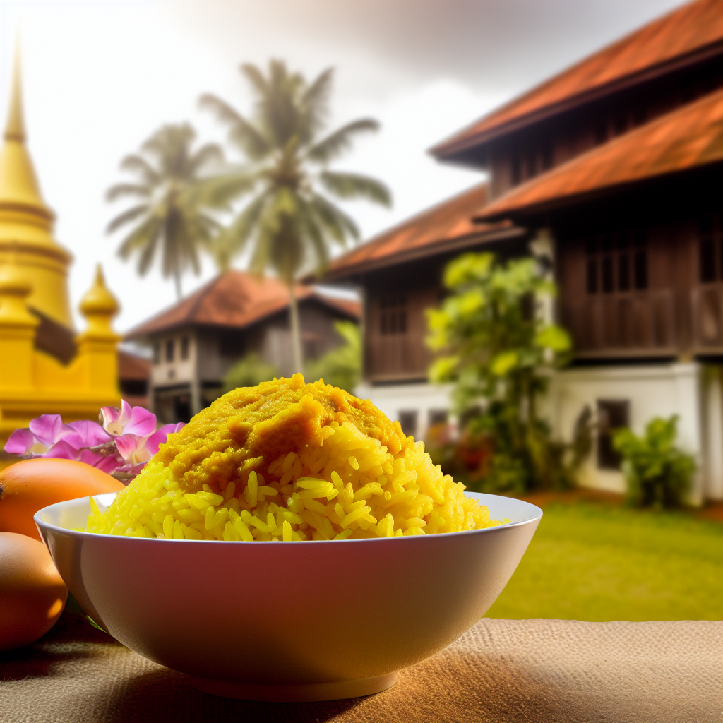 【马来美食】黄姜饭(Nasi Kunyit) - 以黄姜粉、椰浆煮成的金黄色米饭,通常搭配咖喱